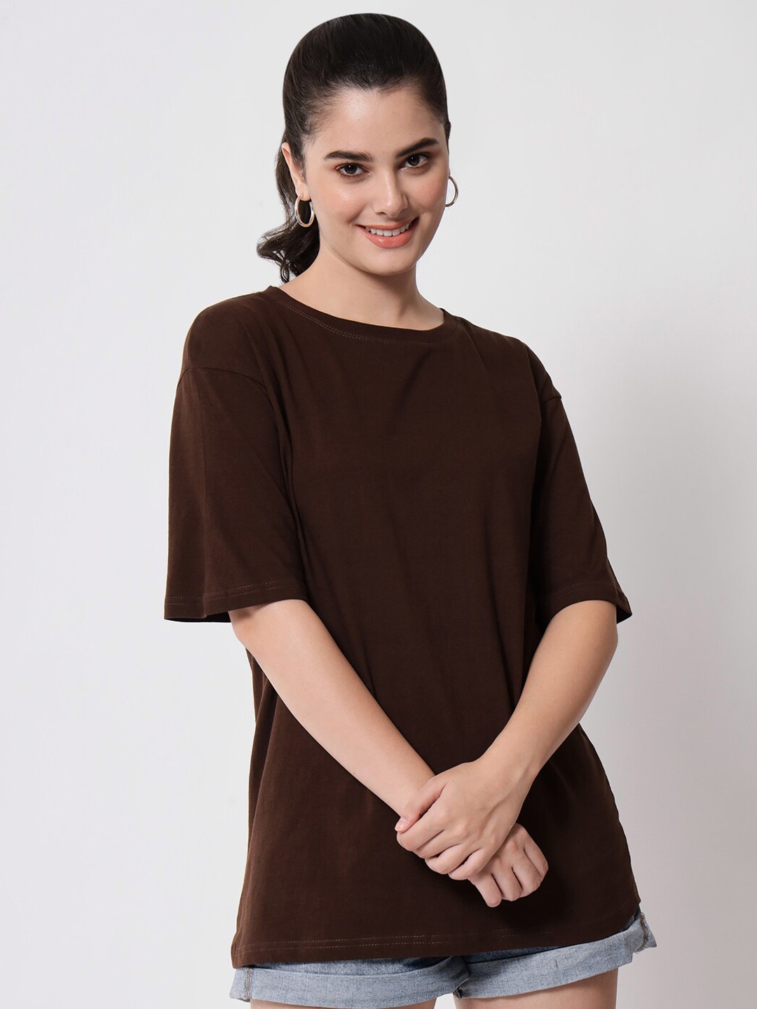 

Funday Fashion Drop-Shoulder Sleeves Pure Cotton Loose T-shirt, Brown