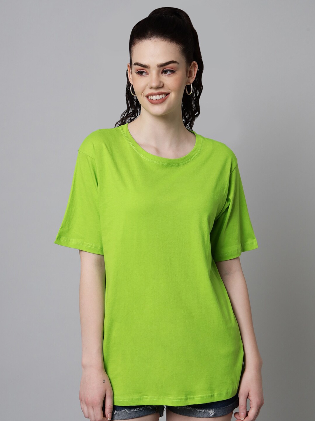 

Funday Fashion Drop-Shoulder Sleeves Pure Cotton Loose T-shirt, Green
