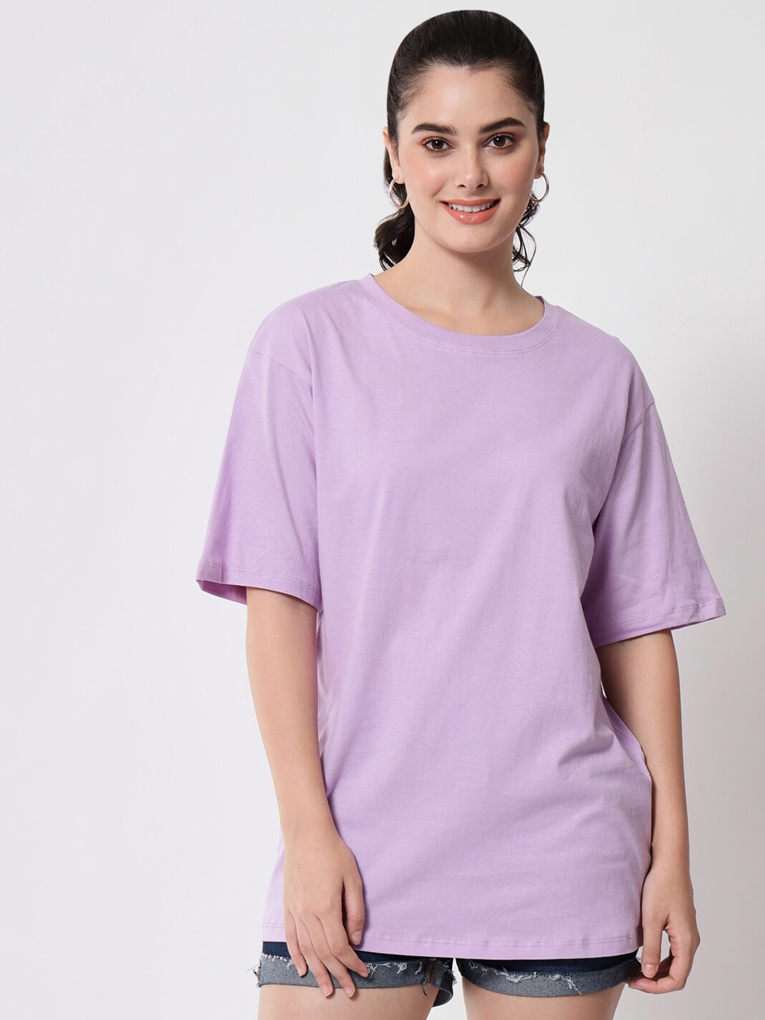 

Funday Fashion Drop-Shoulder Sleeves Cotton Loose T-shirt, Purple