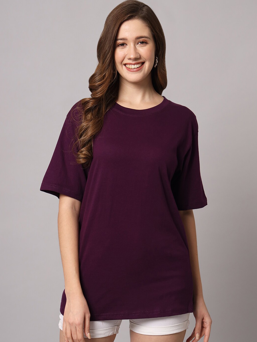 

Funday Fashion Drop-Shoulder Sleeves Pure Cotton Loose T-shirt, Purple