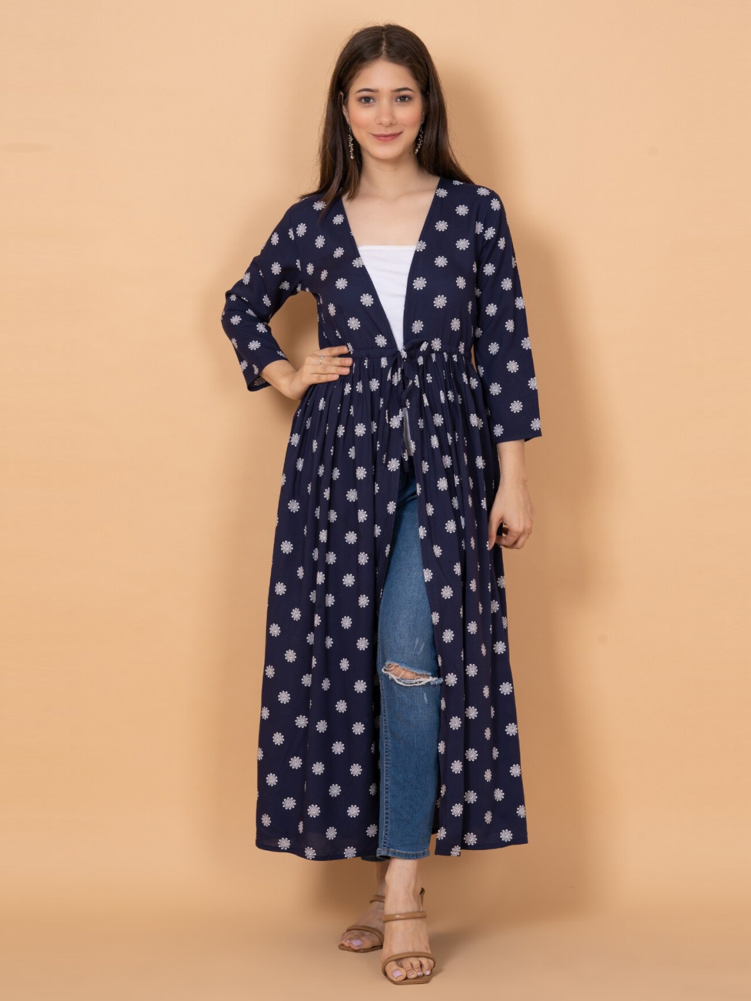 

DAEVISH Women Floral Printed Longline Tie-Up Shrug, Navy blue