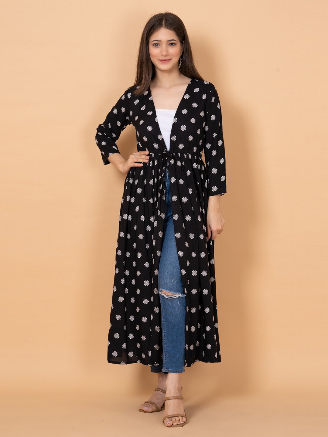 

DAEVISH Women Floral Printed Longline Tie-Up Shrug, Black