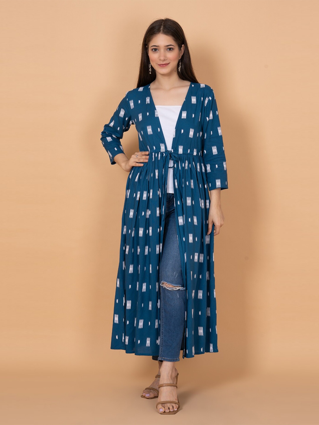 

DAEVISH Women Geometric Printed Longline Tie-Up Shrug, Blue