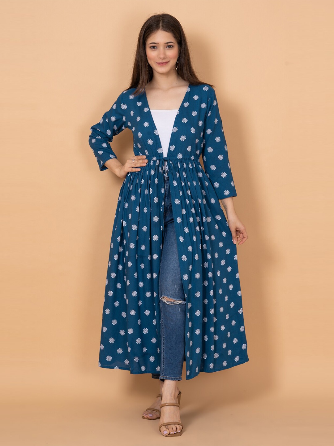 

DAEVISH Women Floral Printed Longline Tie-Up Shrug, Blue