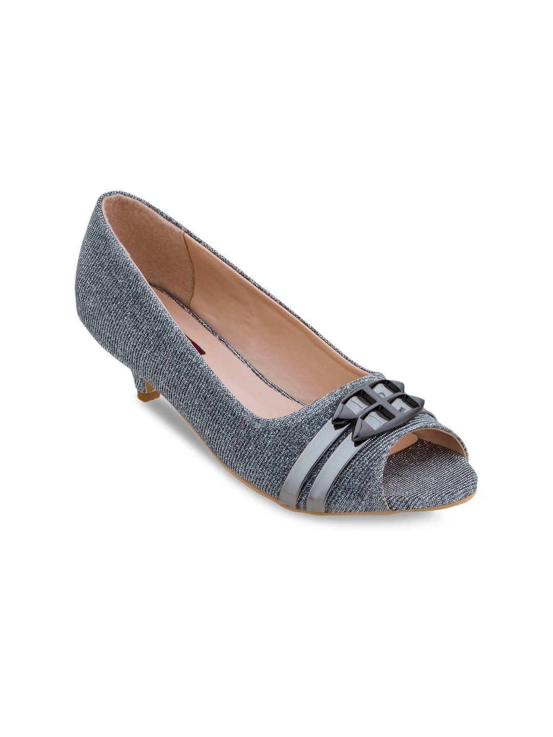 

SHUZ TOUCH Buckle Embellished Peep Toes Kitten Heel Pumps, Grey