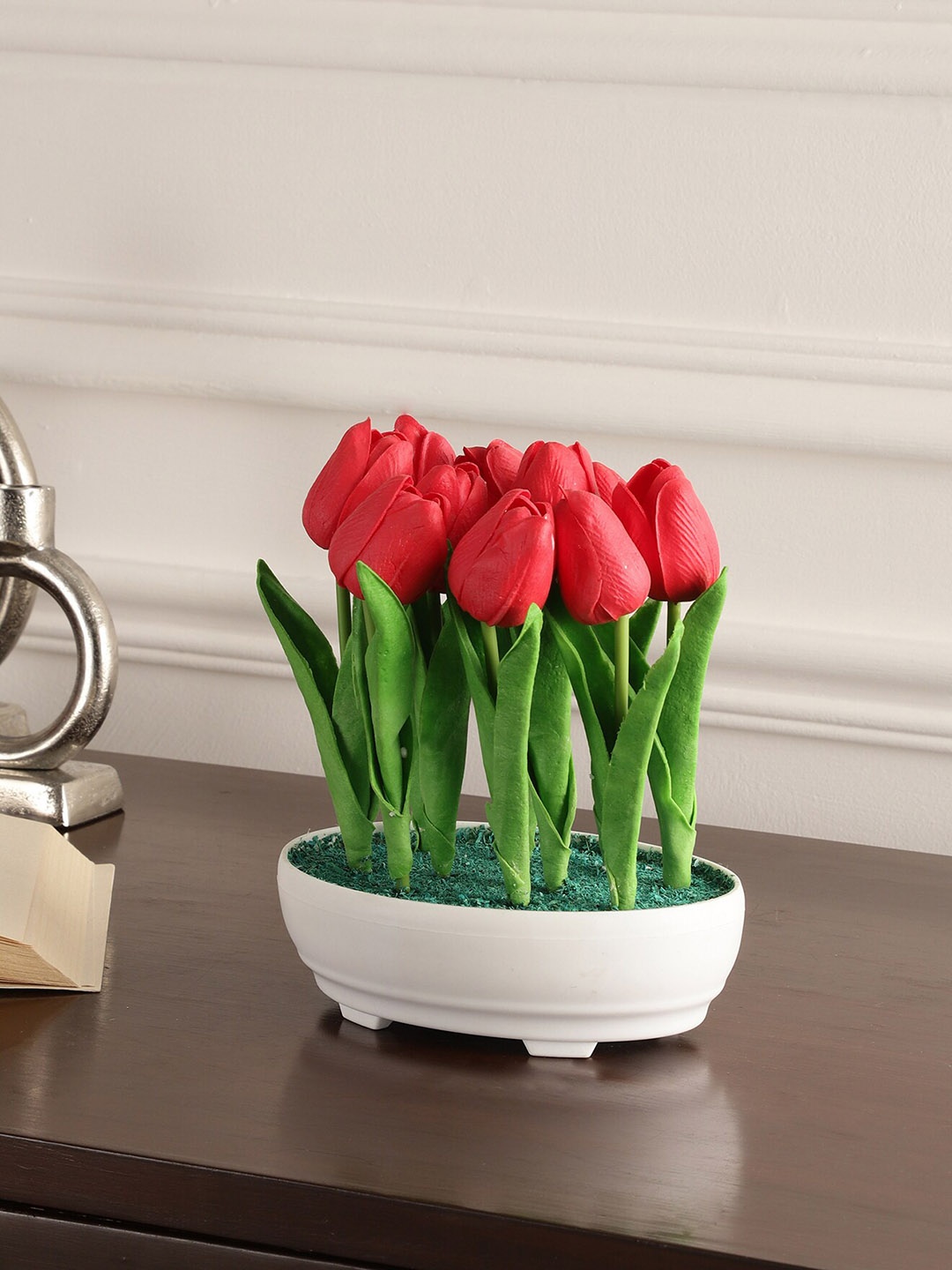 

FOLIYAJ Red & Green Tulip Artificial Flowers With Pot