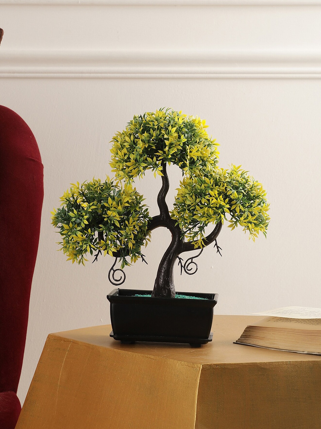 

FOLIYAJ Yellow & Black Artificial Bonsai & Small Leaves With Pot