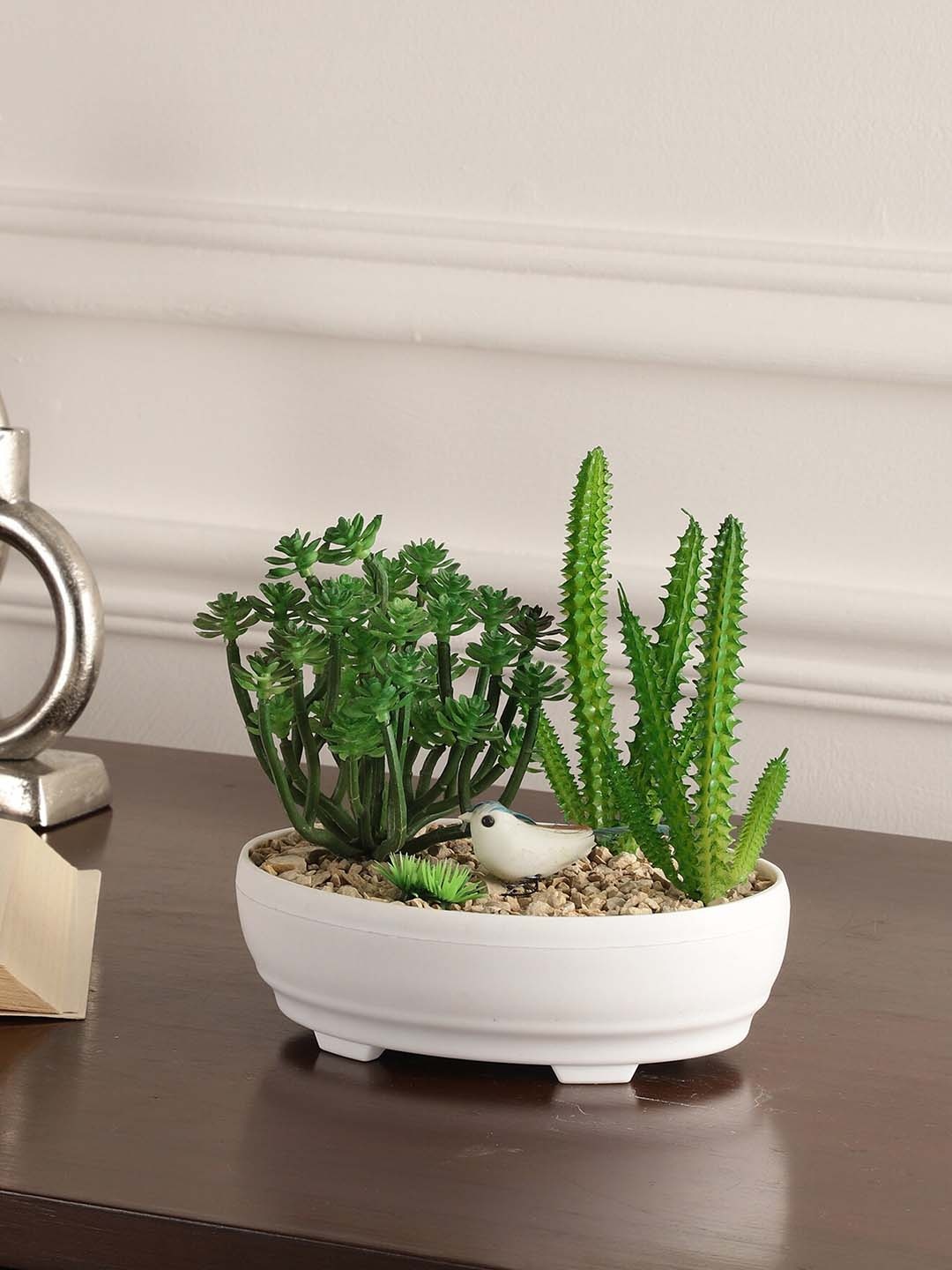 

FOLIYAJ Green & White Artificial Succulent Arrangement Plant With Bird & Pot