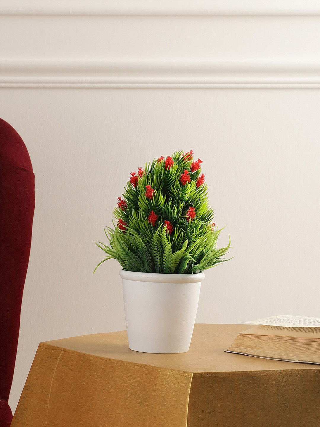 

FOLIYAJ Green & White Cone Artificial Flowers With Pot