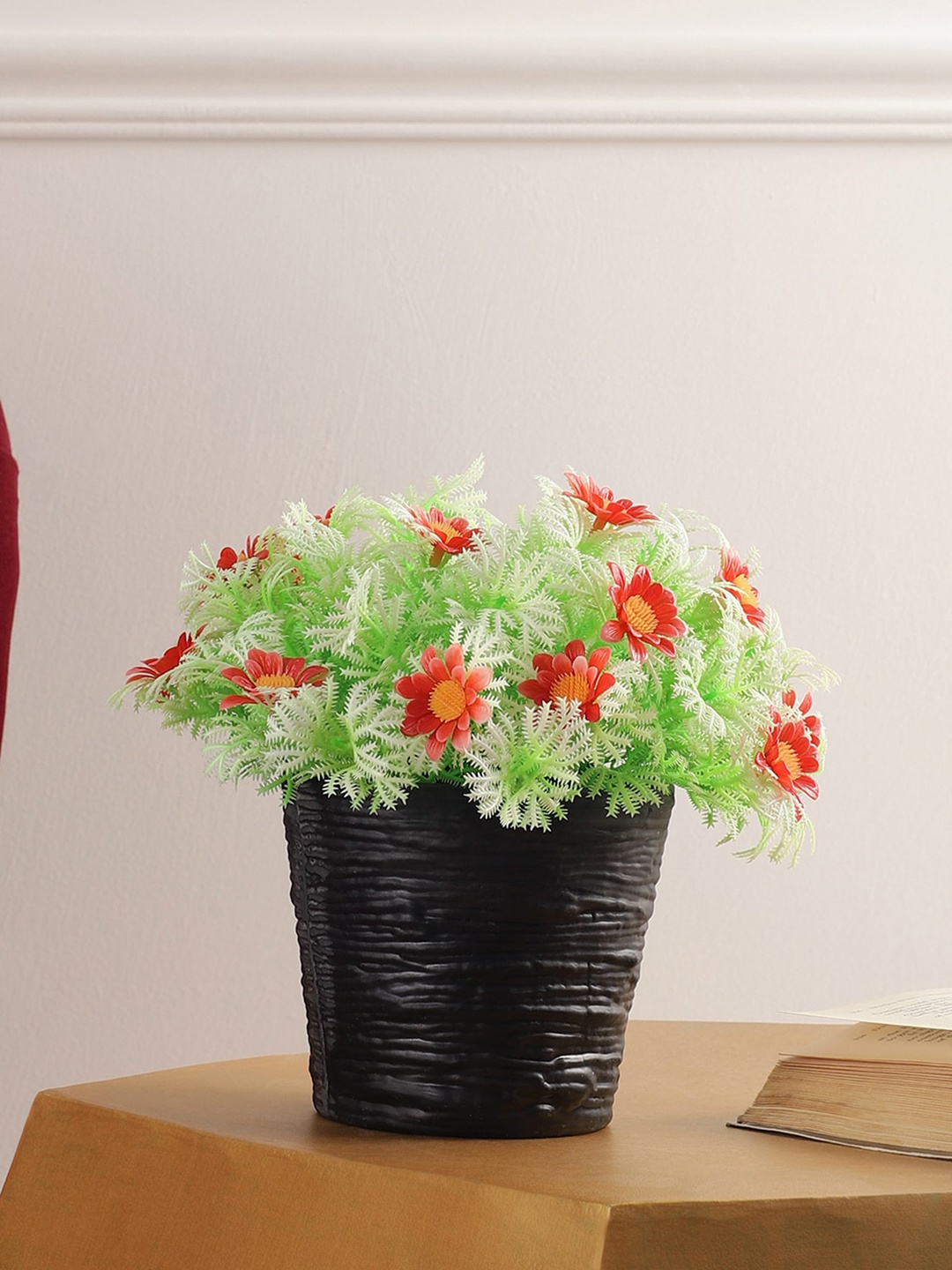 

FOLIYAJ Red & White Faux Leaves Daisies Flowers & Plants With Pot