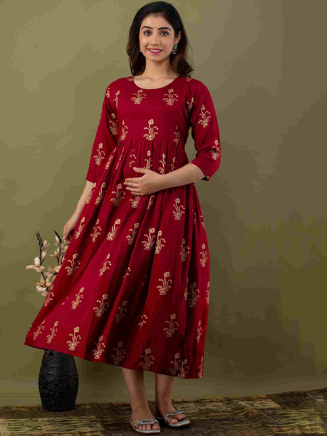 

Mialo fashion Floral Printed Maternity Fit & Flare Cotton Ethnic Dress, Maroon