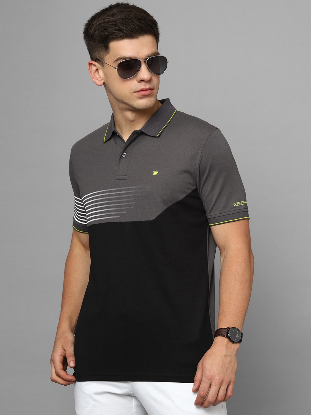 

Louis Philippe Striped Short Sleeves Polo Collar T-shirt, Grey