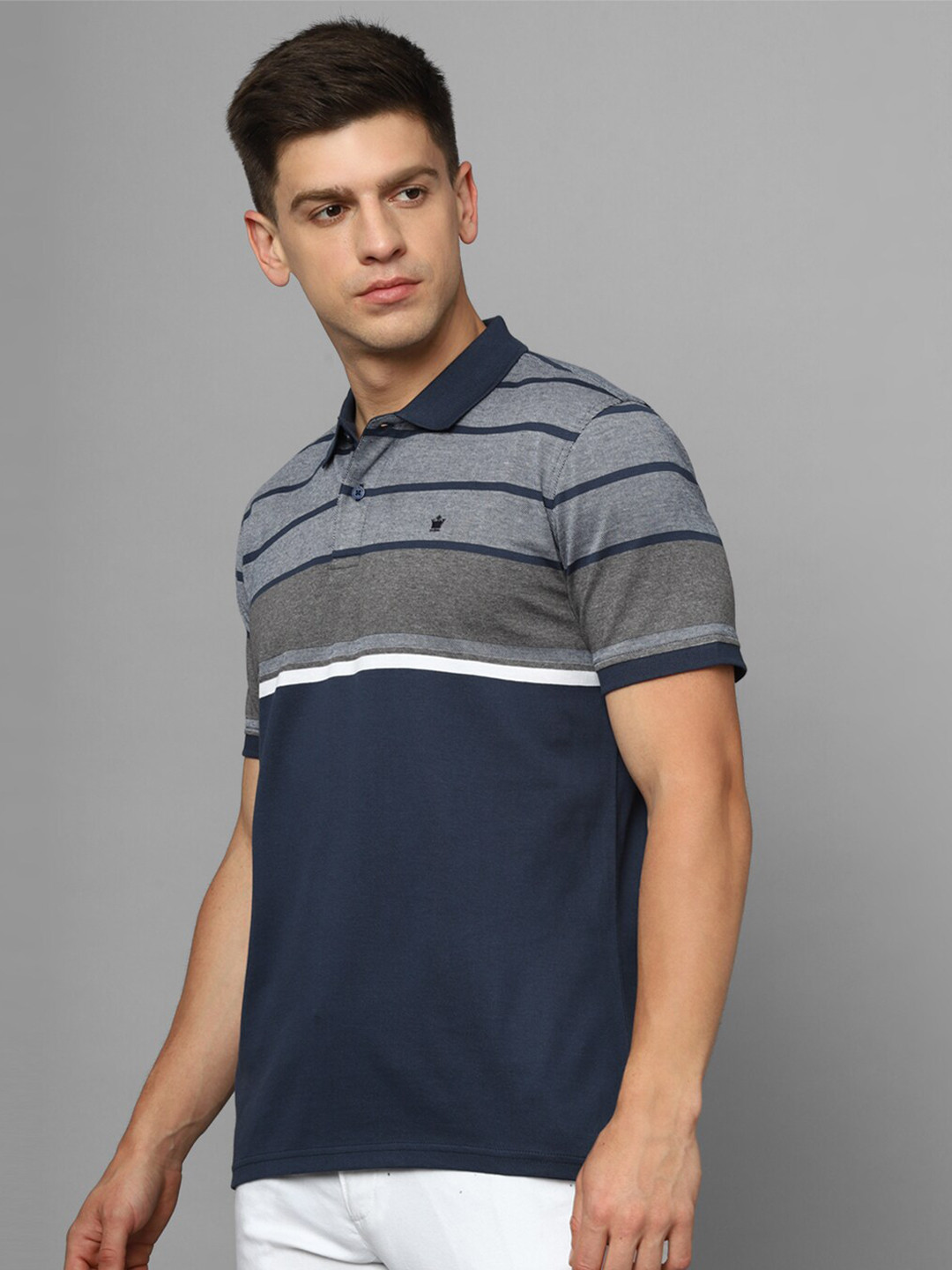 

Louis Philippe Striped Polo Collar Pure Cotton T-shirt, Navy blue