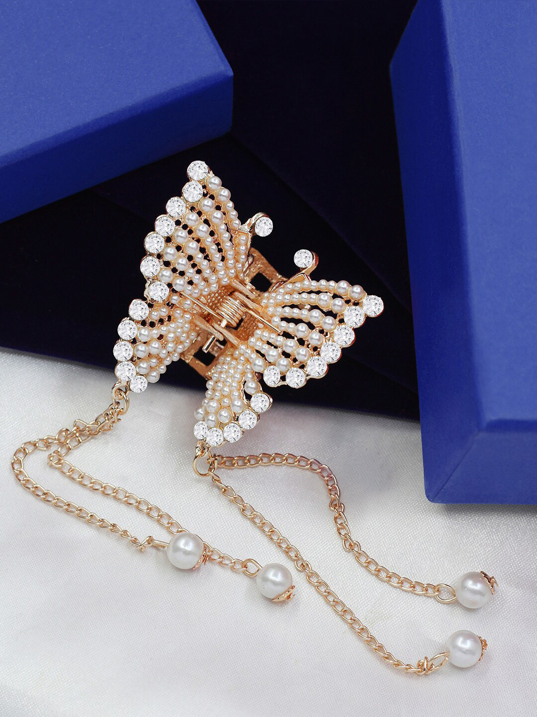 

SAIYONI Women Half Bun Hair Clip Rose Butterfly Stone & Pearl Tassel Claw Clip, Rose gold