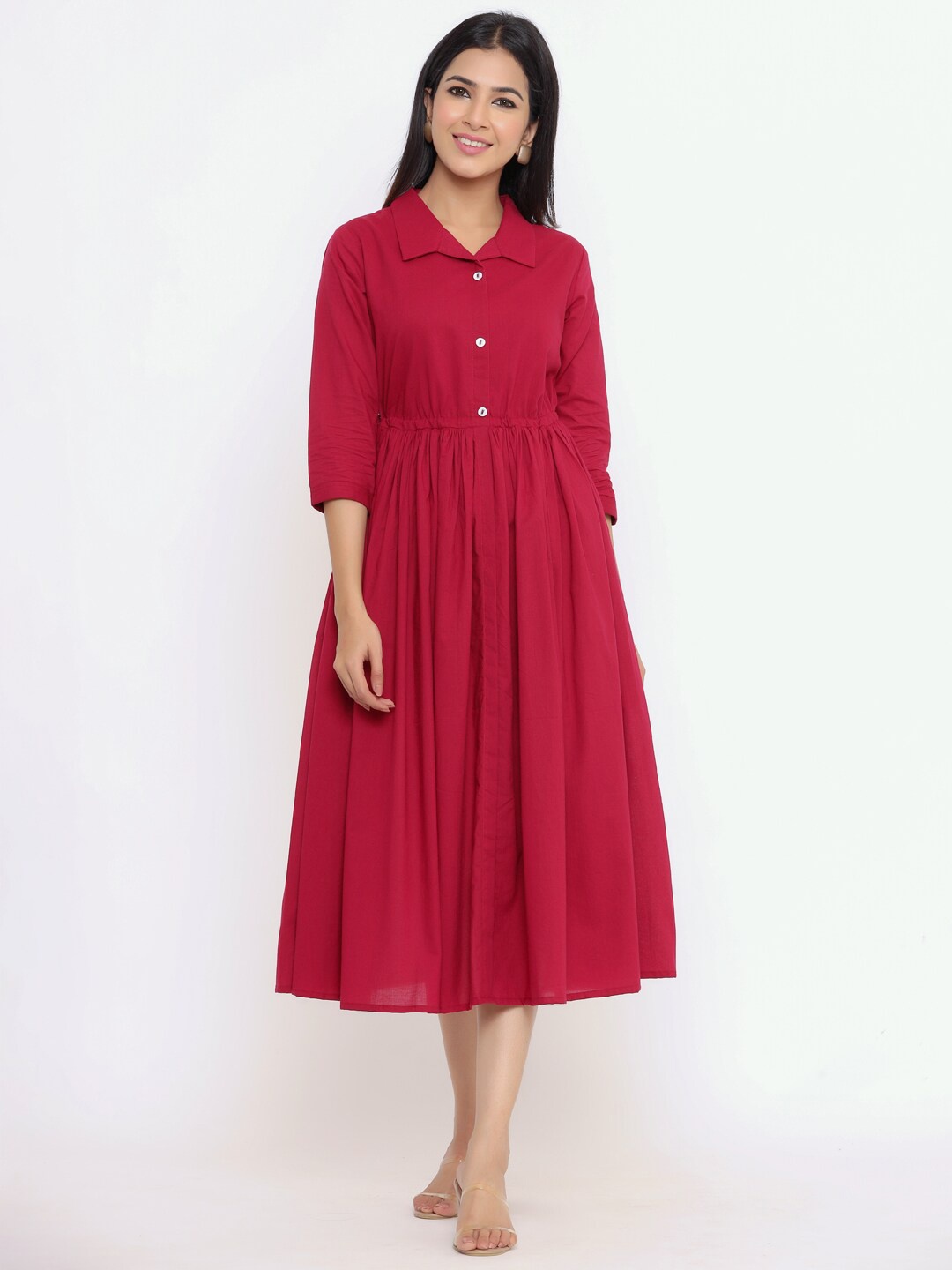 

Indian Virasat Shirt Collar Gathered Waisted Shirt Style Midi Dress, Maroon