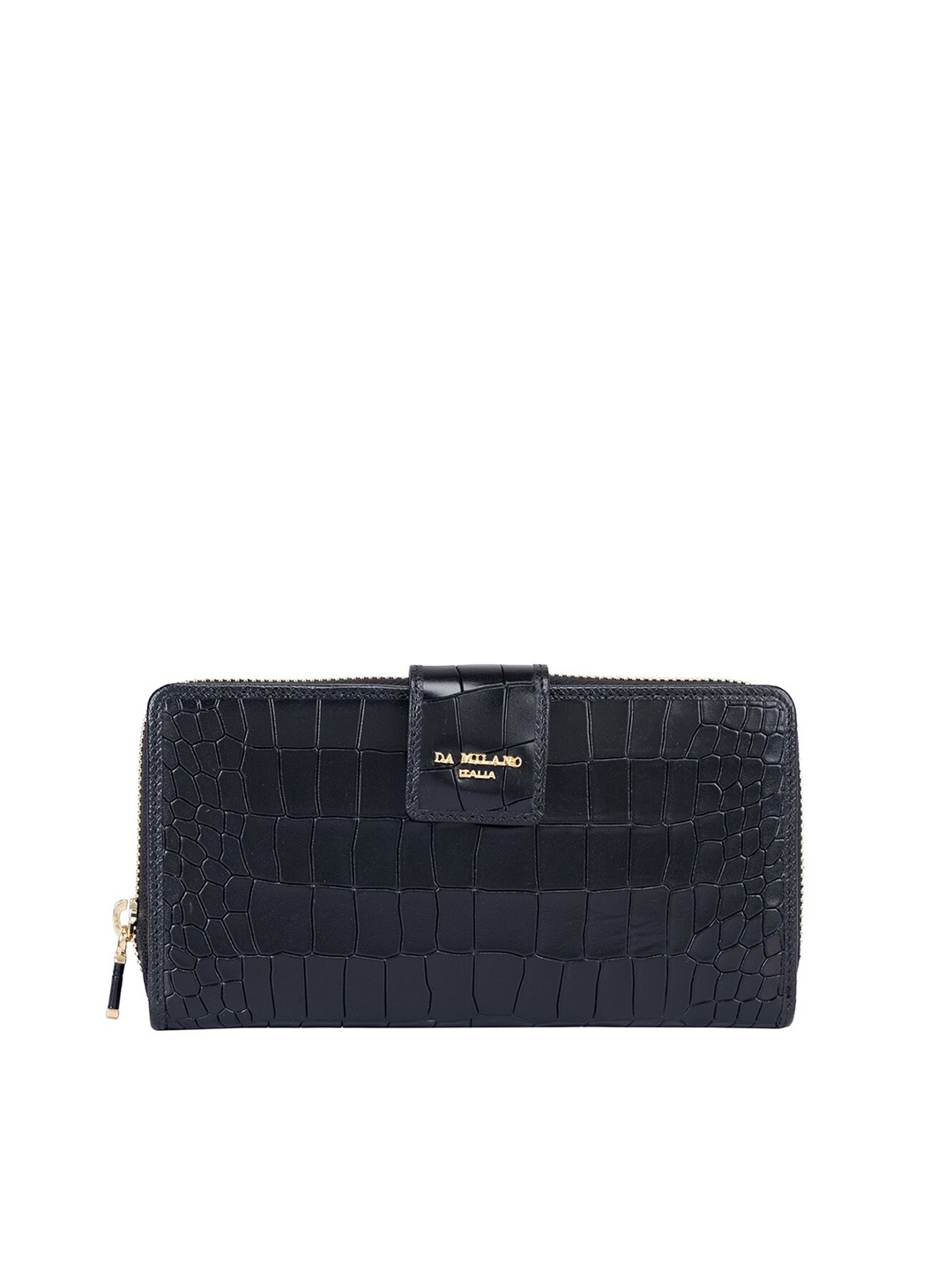 

Da Milano Women Textured Zip Detail Leather Two Fold Wallet, Black