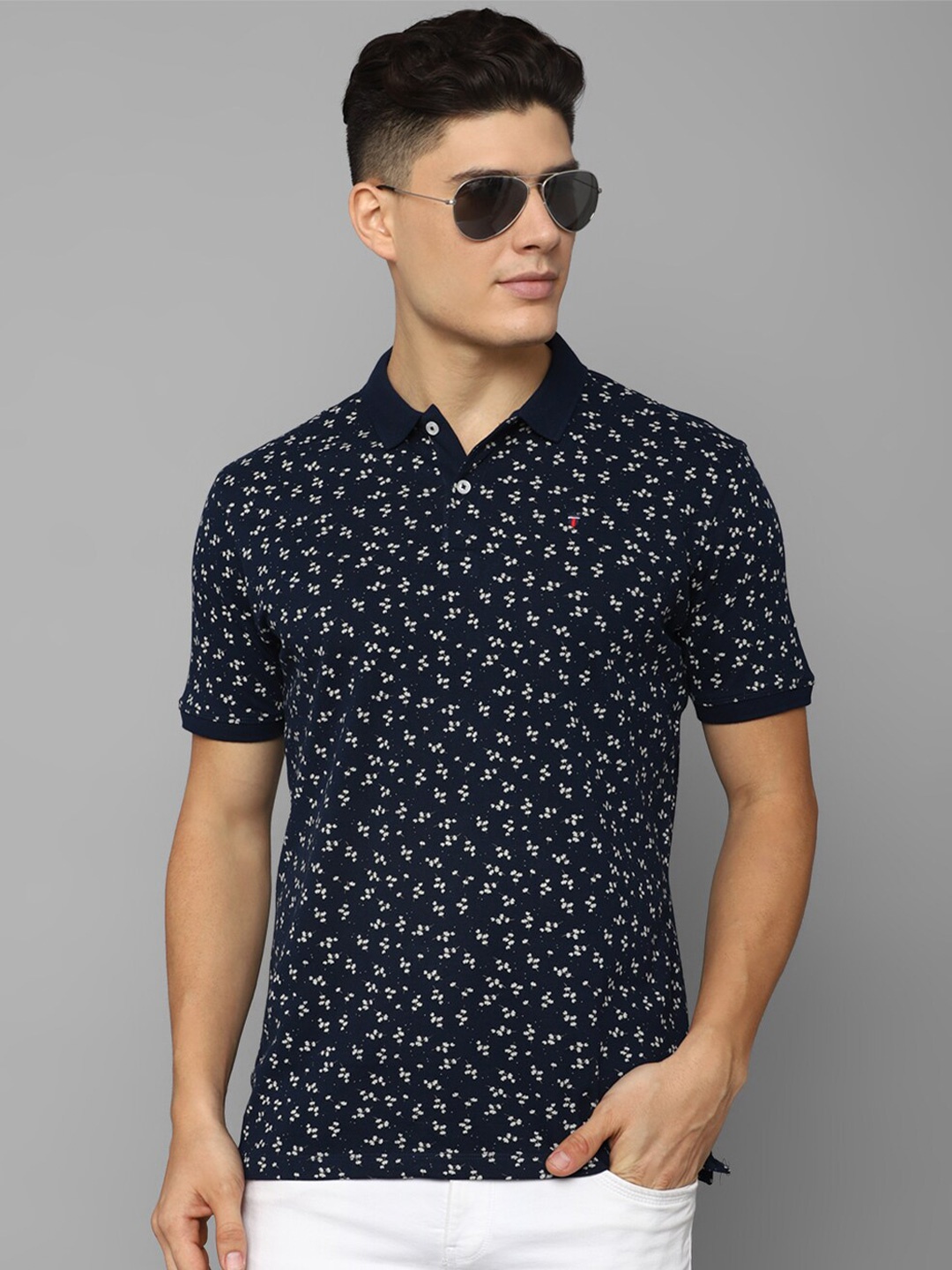 

Louis Philippe Jeans Floral Printed Polo Collar Slim Fit Pure Cotton T-shirt, Navy blue