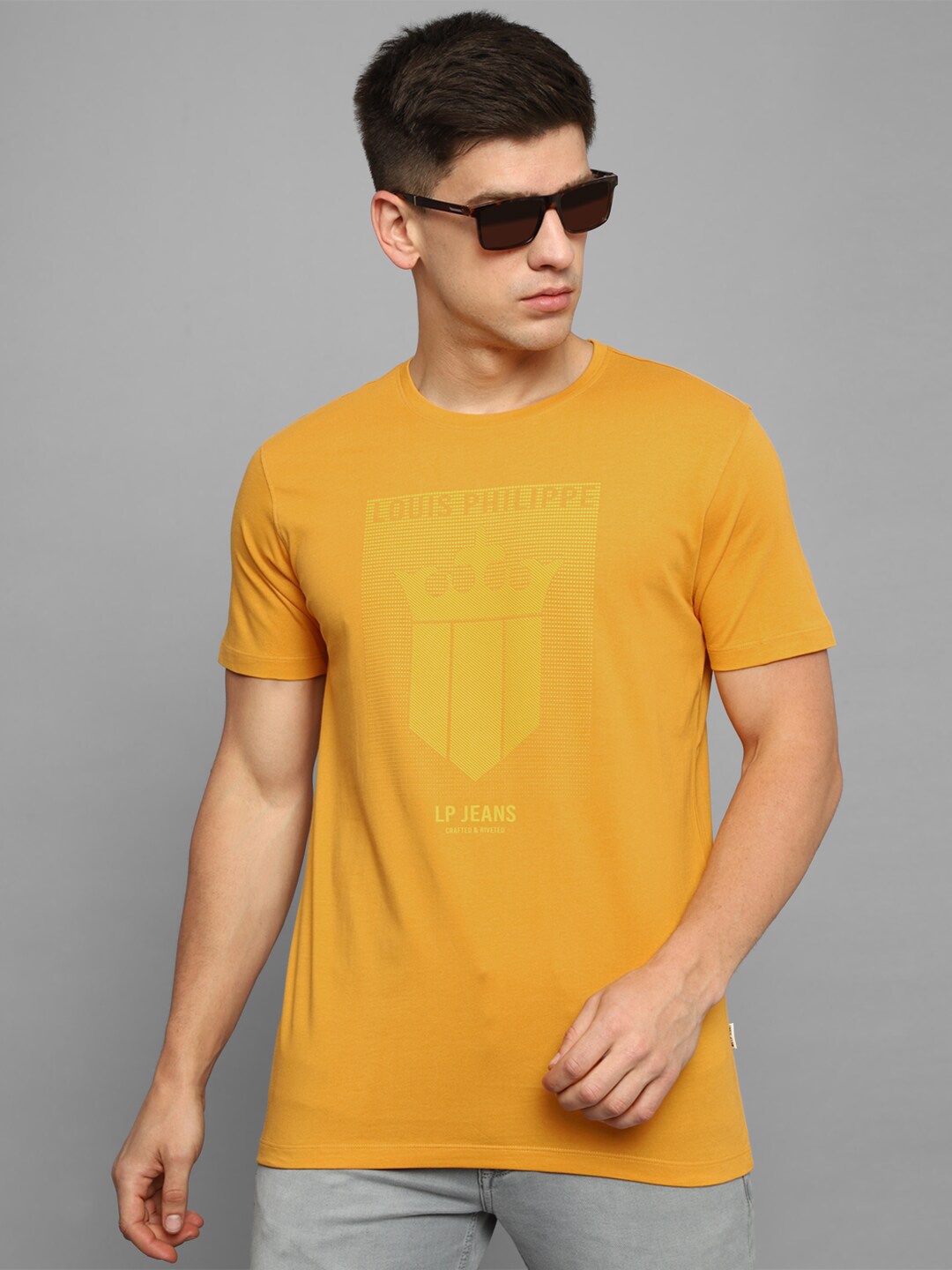 

Louis Philippe Jeans Graphic Printed Slim Fit Pure Cotton T-shirt, Yellow