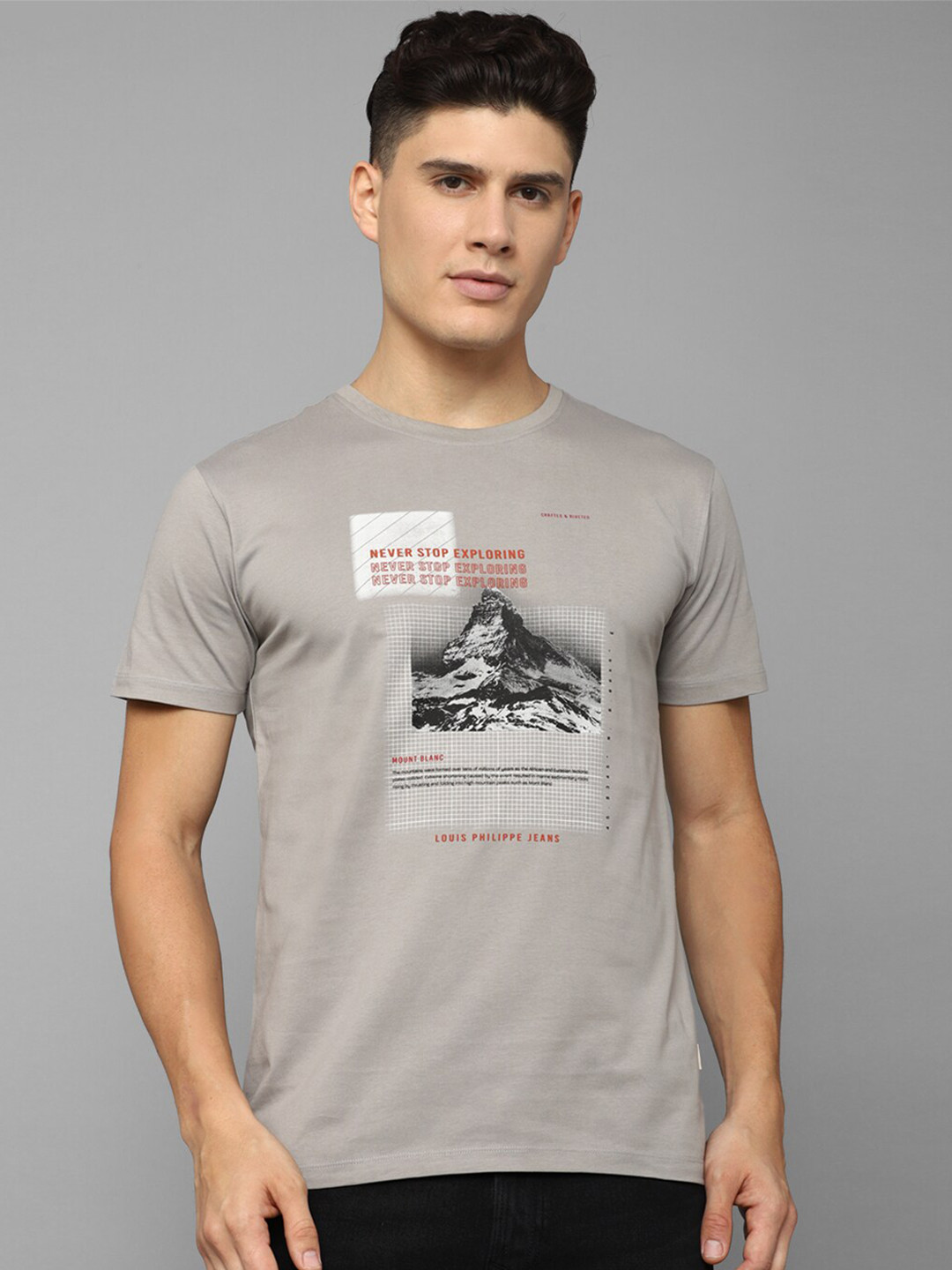

Louis Philippe Jeans Graphic Printed Slim Fit Pure Cotton T-shirt, Grey