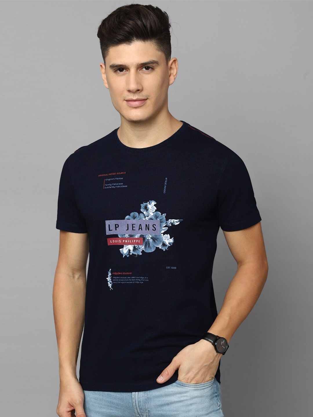 

Louis Philippe Jeans Typography Printed Slim Fit Pure Cotton T-shirt, Navy blue