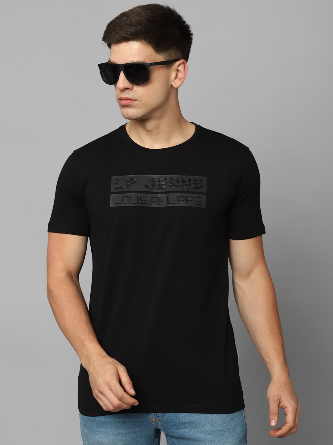 

Louis Philippe Jeans Typography Printed Slim Fit Pure Cotton T-shirt, Black