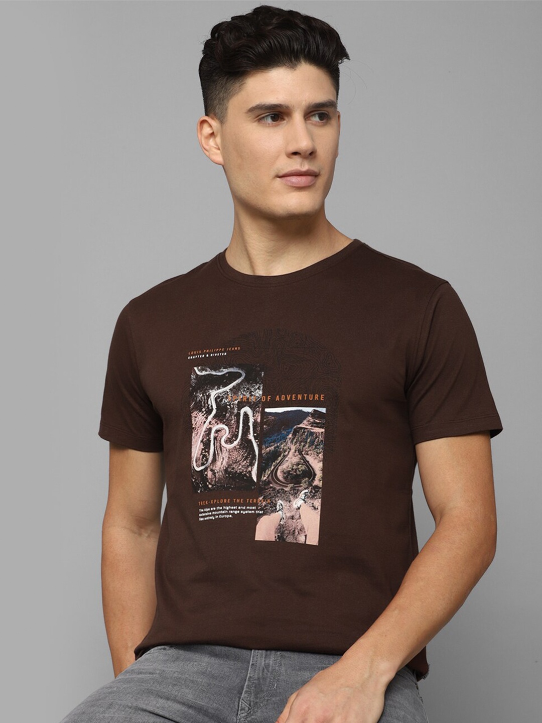 

Louis Philippe Jeans Graphic Printed Slim Fit Pure Cotton T-shirt, Brown