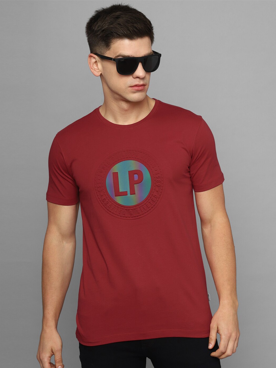 

Louis Philippe Jeans Typography Printed Slim Fit Pure Cotton T-shirt, Maroon