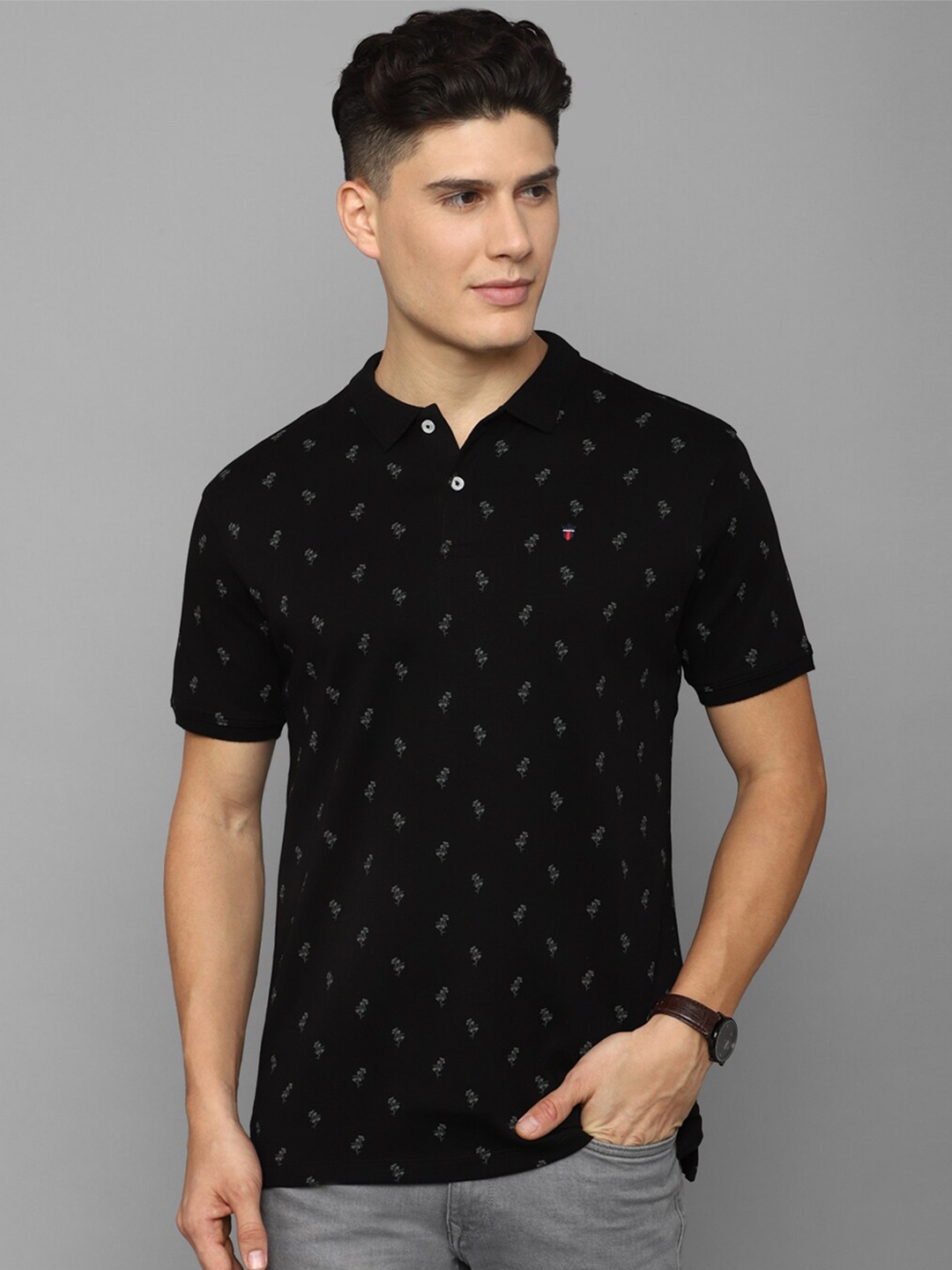 

Louis Philippe Jeans Floral Printed Polo Collar Slim Fit Pure Cotton T-shirt, Black