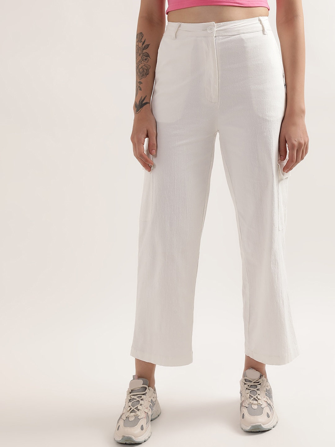 

ELLE Women Mid Rise Cotton Cropped Caro Styles Trousers, White
