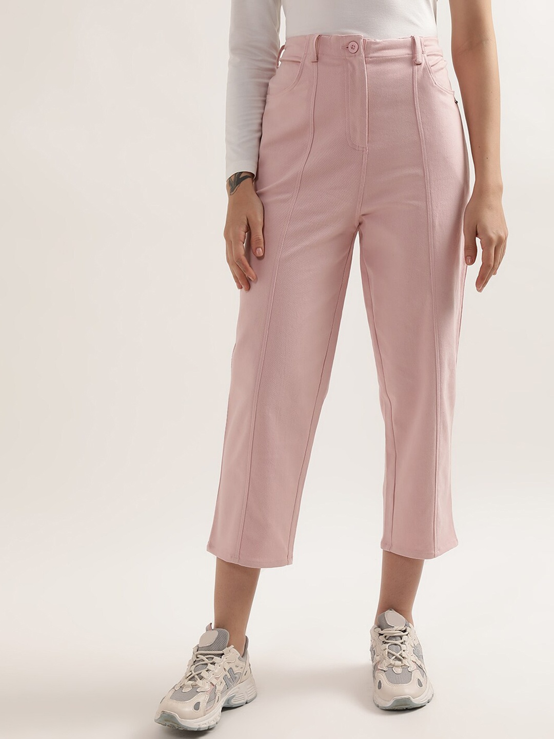 

ELLE Women Cotton Smart Pleated Trousers, Pink