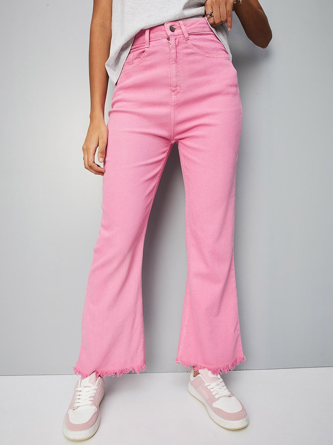 

max Women Mid Rise Cotton Flared Bootcut Trousers, Pink