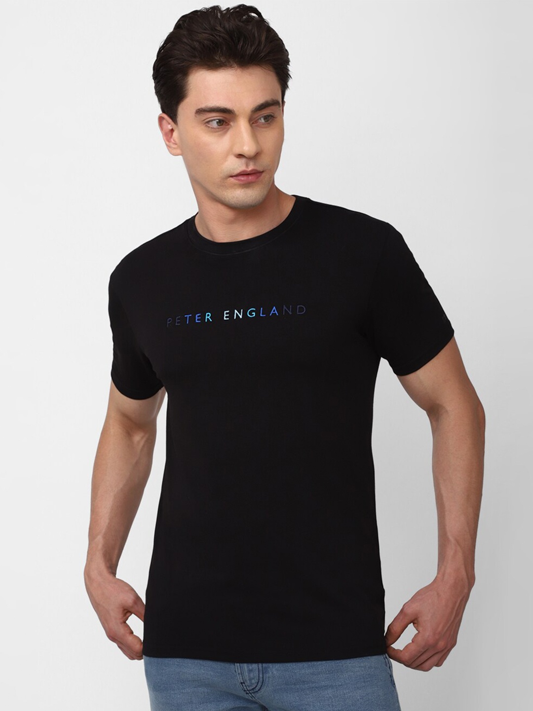 Peter England Casuals Typography Printed Slim Fit T-shirt, Black