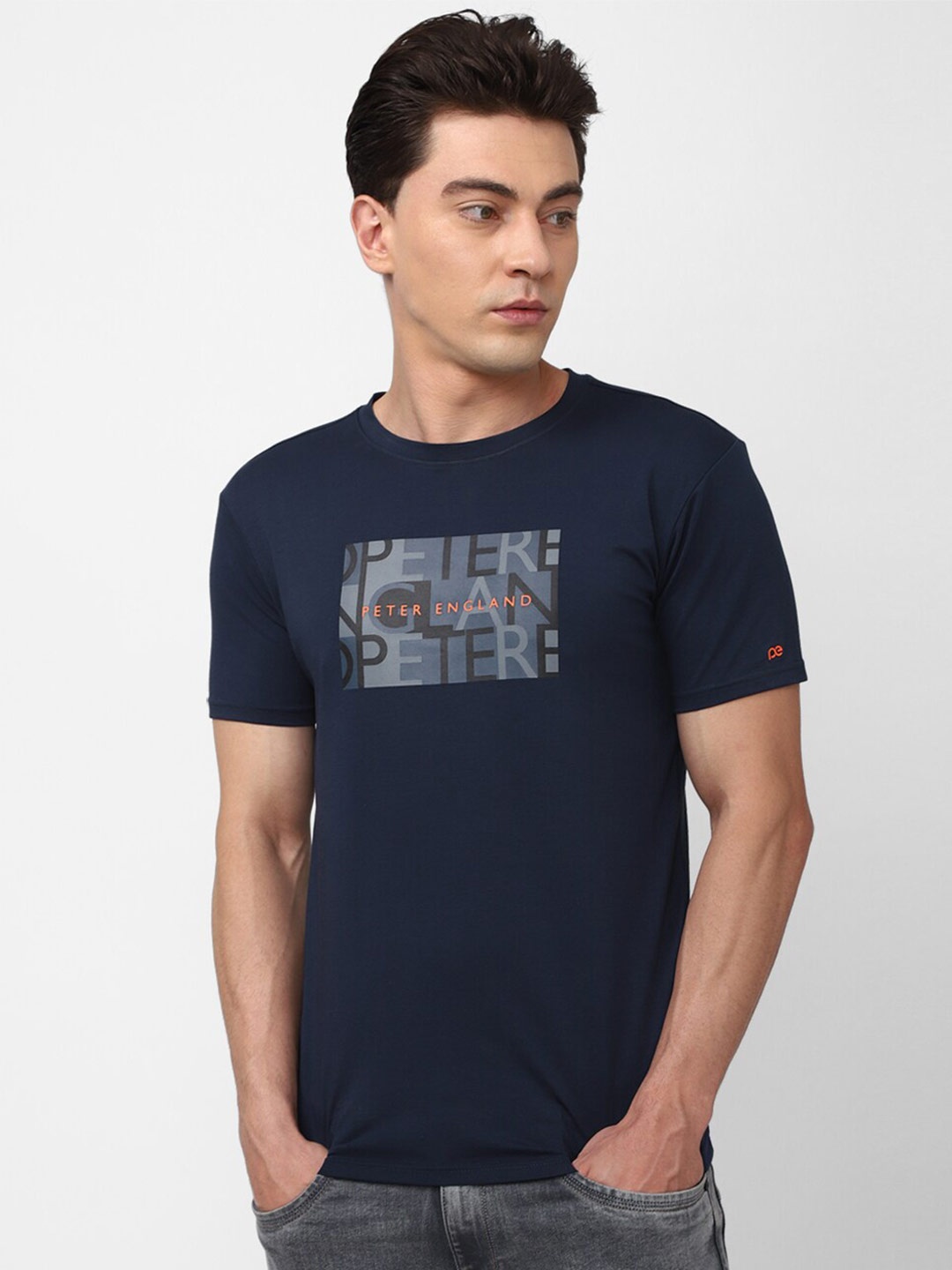 

Peter England Casuals Typography Printed Slim Fit T-shirt, Navy blue