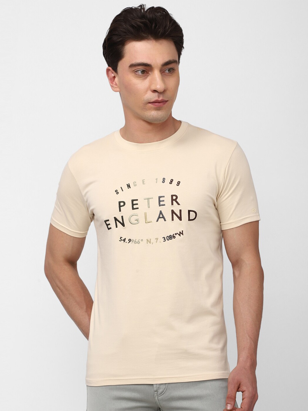 

Peter England Casuals Typography Printed Slim Fit T-shirt, Beige