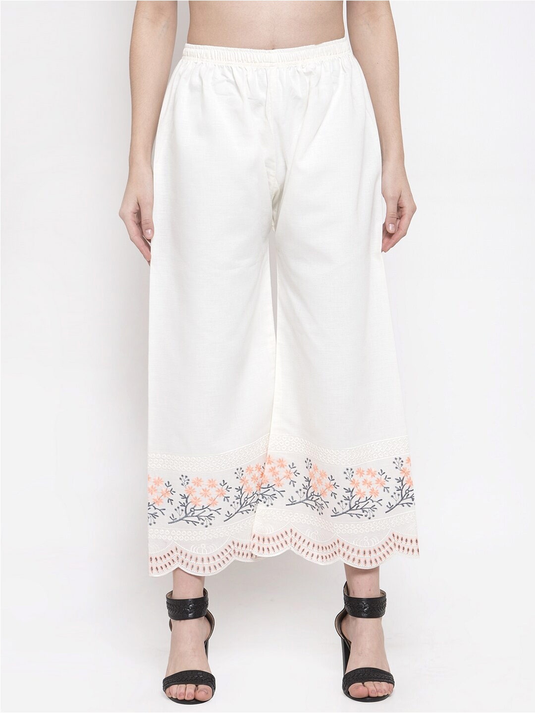 

Miaz Lifestyle Women Floral Embroidered Cotton Palazzos, White