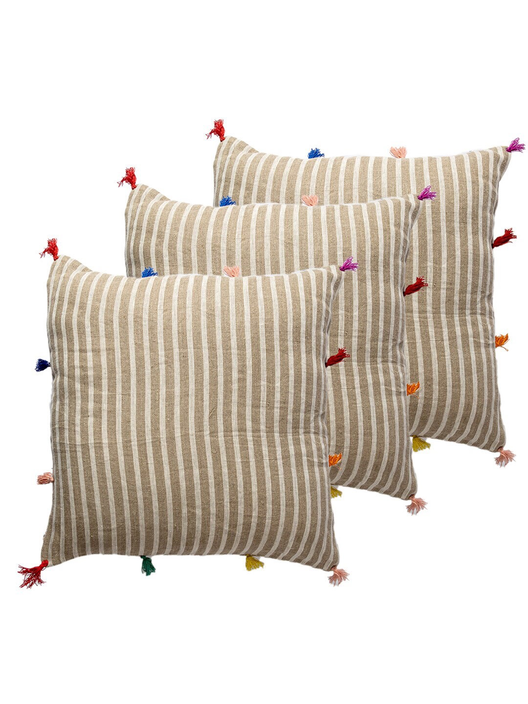 

Contrast Living Brown & White 3 Pieces Striped Linen Square Cushion Covers