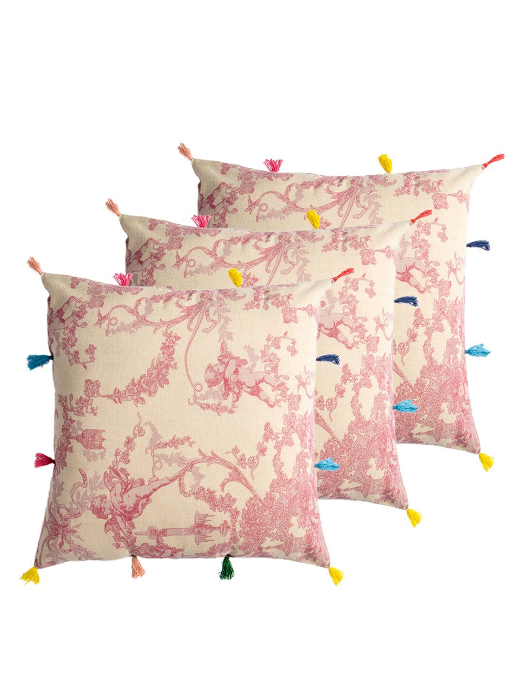 

Contrast Living Beige & Pink 3 Pieces Floral Square Cotton Cushion Covers