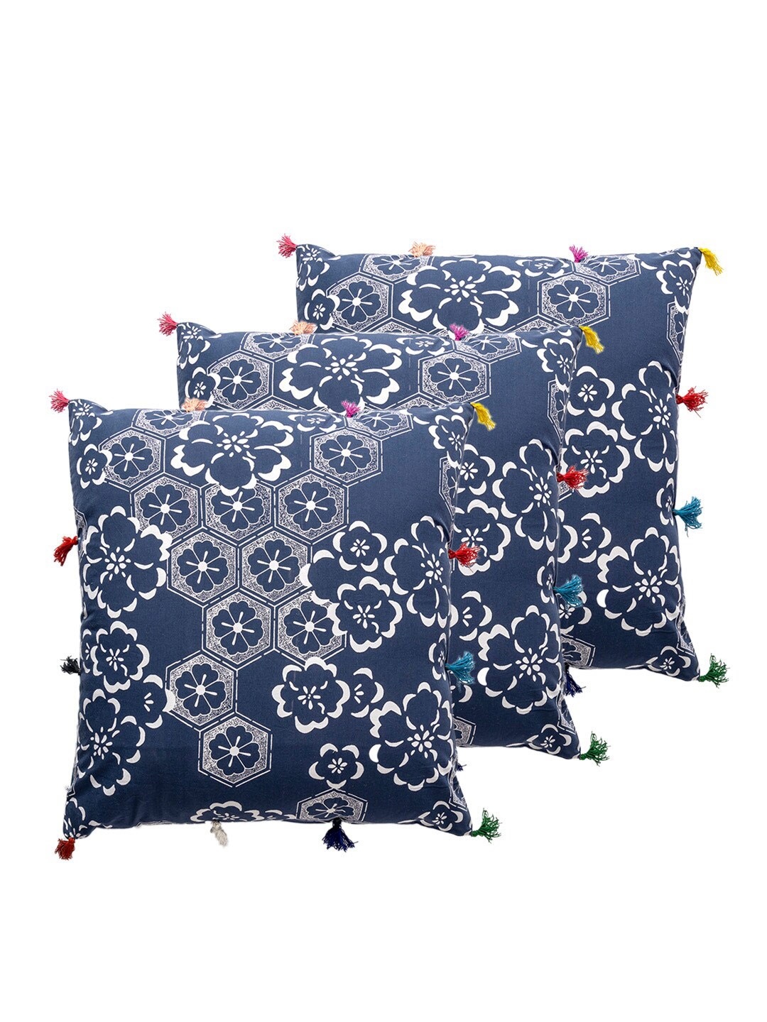 

Contrast Living Blue & White 3 Pieces Floral Square Cotton Cushion Covers