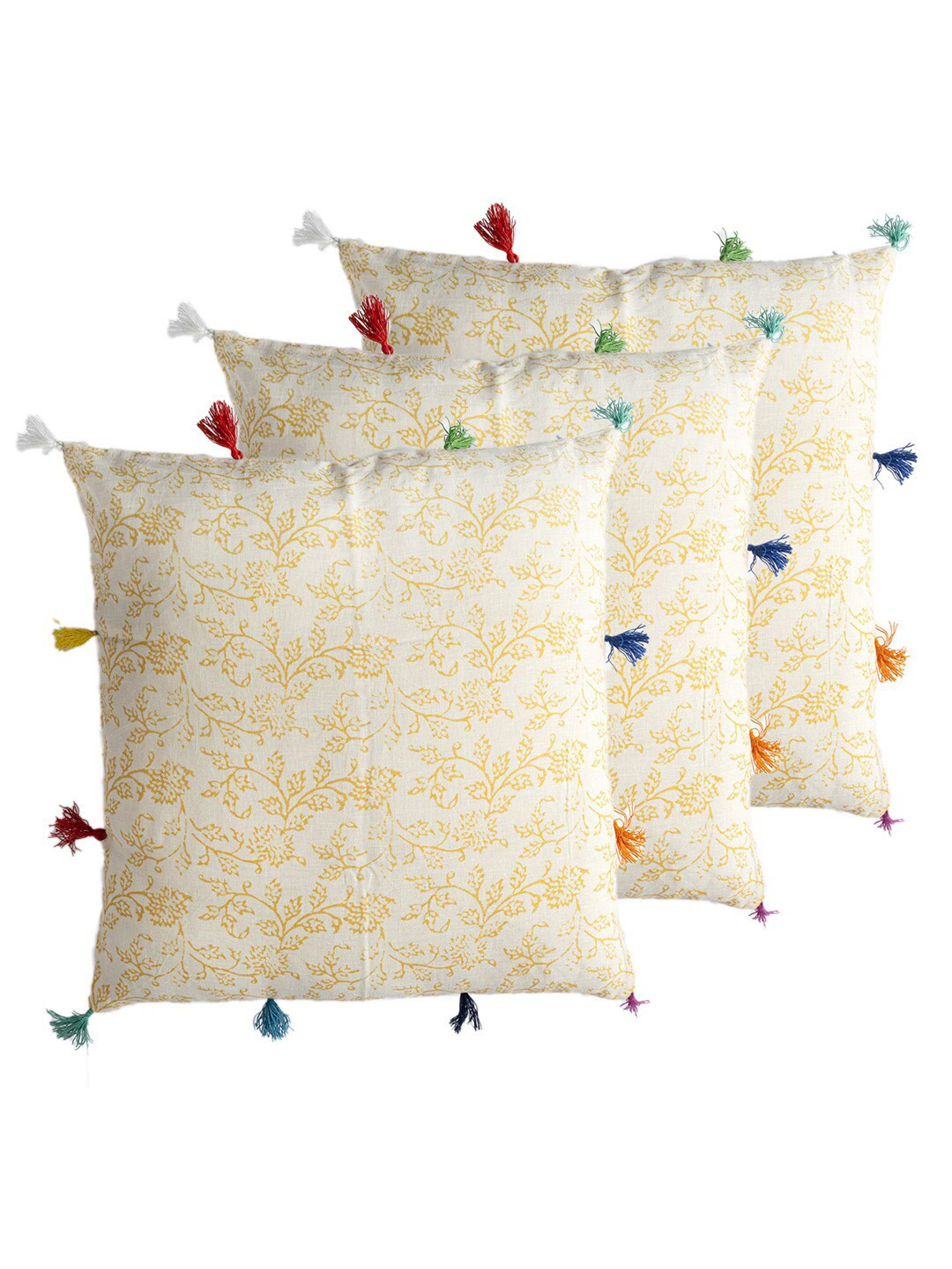 

Contrast Living Yellow & White 3 Pieces Floral Linen Square Cushion Covers