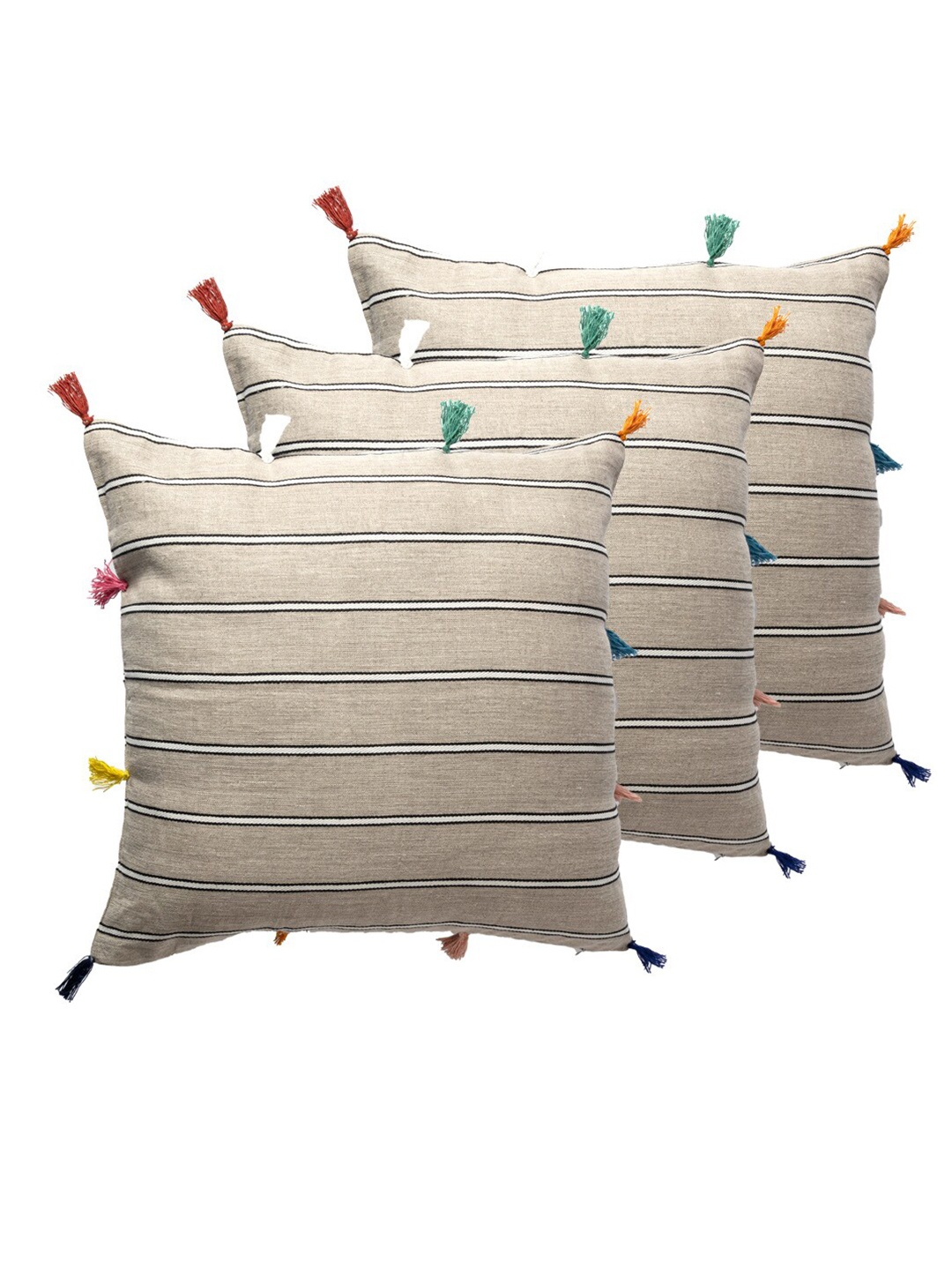 

Contrast Living Beige & Black 3 Pieces Striped Linen Square Cushion Covers