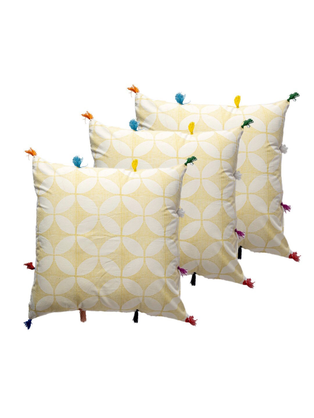 

Contrast Living Yellow & White 3 Pieces Geometric Square Cotton Cushion Covers
