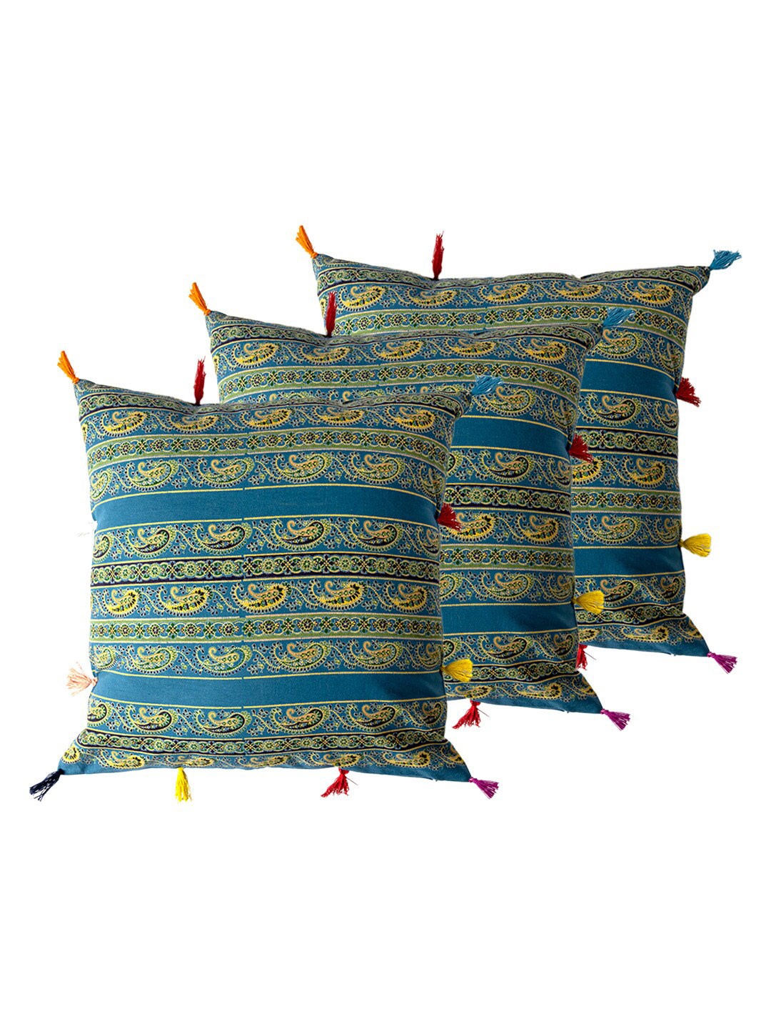 

Contrast Living Blue & Mustard 3 Pieces Ethnic Motifs Square Cotton Cushion Covers