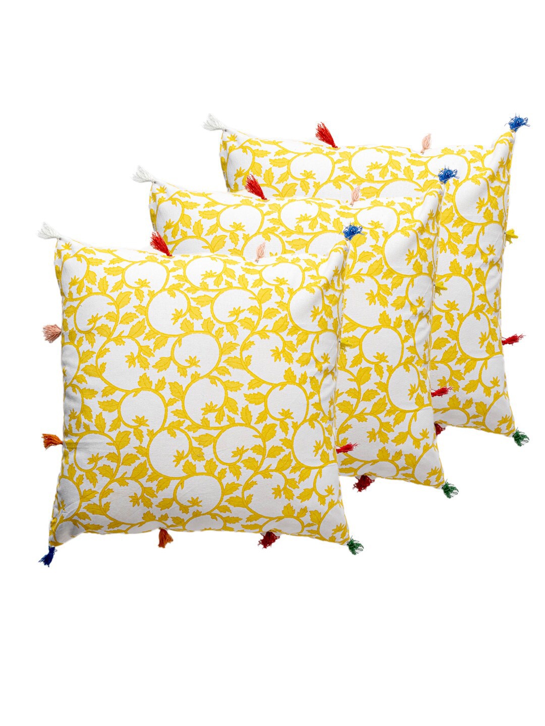 

Contrast Living Yellow & White 3 Pieces Floral Printed Square Cotton Cushion Covers
