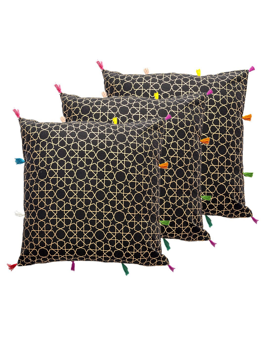 

Contrast Living Black & Gold-Toned 3 Pieces Geometric Square Cotton Cushion Covers