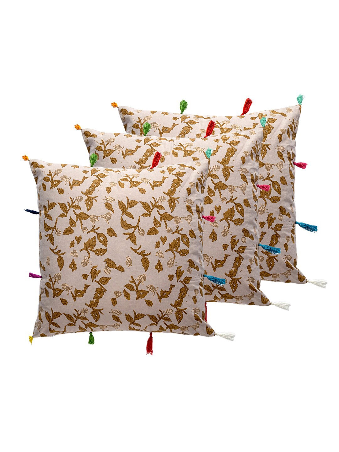 

Contrast Living Beige & Brown 3 Pieces Floral Square Cotton Cushion Covers