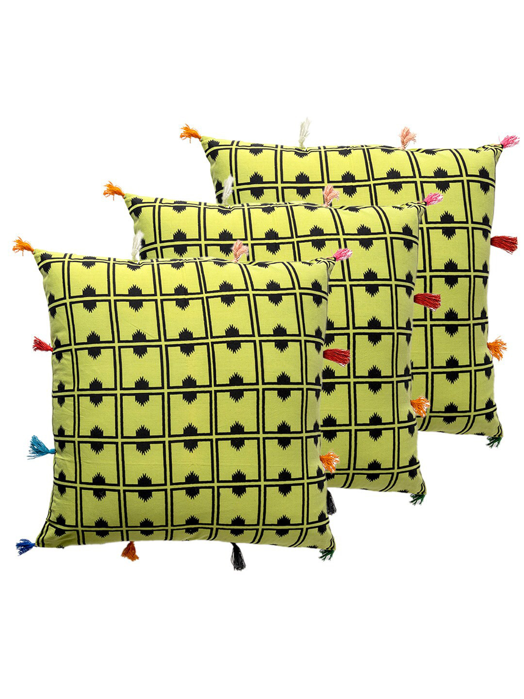 

Contrast Living Yellow & Black 3 Pieces Geometric Square Cotton Cushion Covers