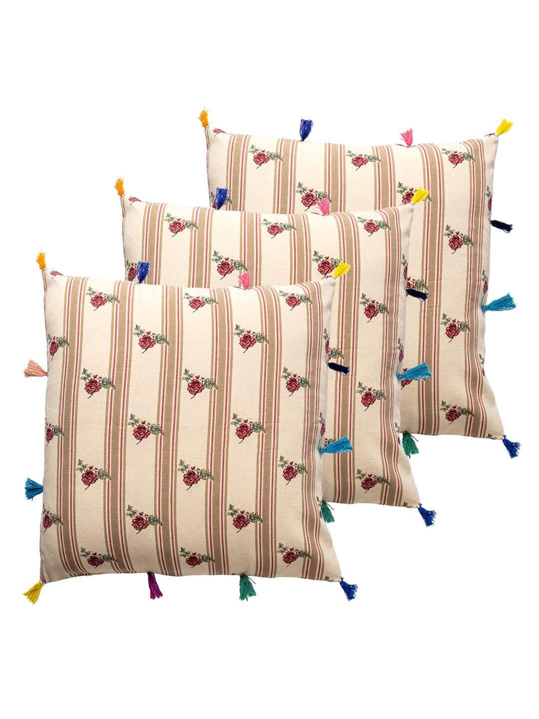 

Contrast Living Beige & Pink 3 Pieces Striped Square Cotton Cushion Covers