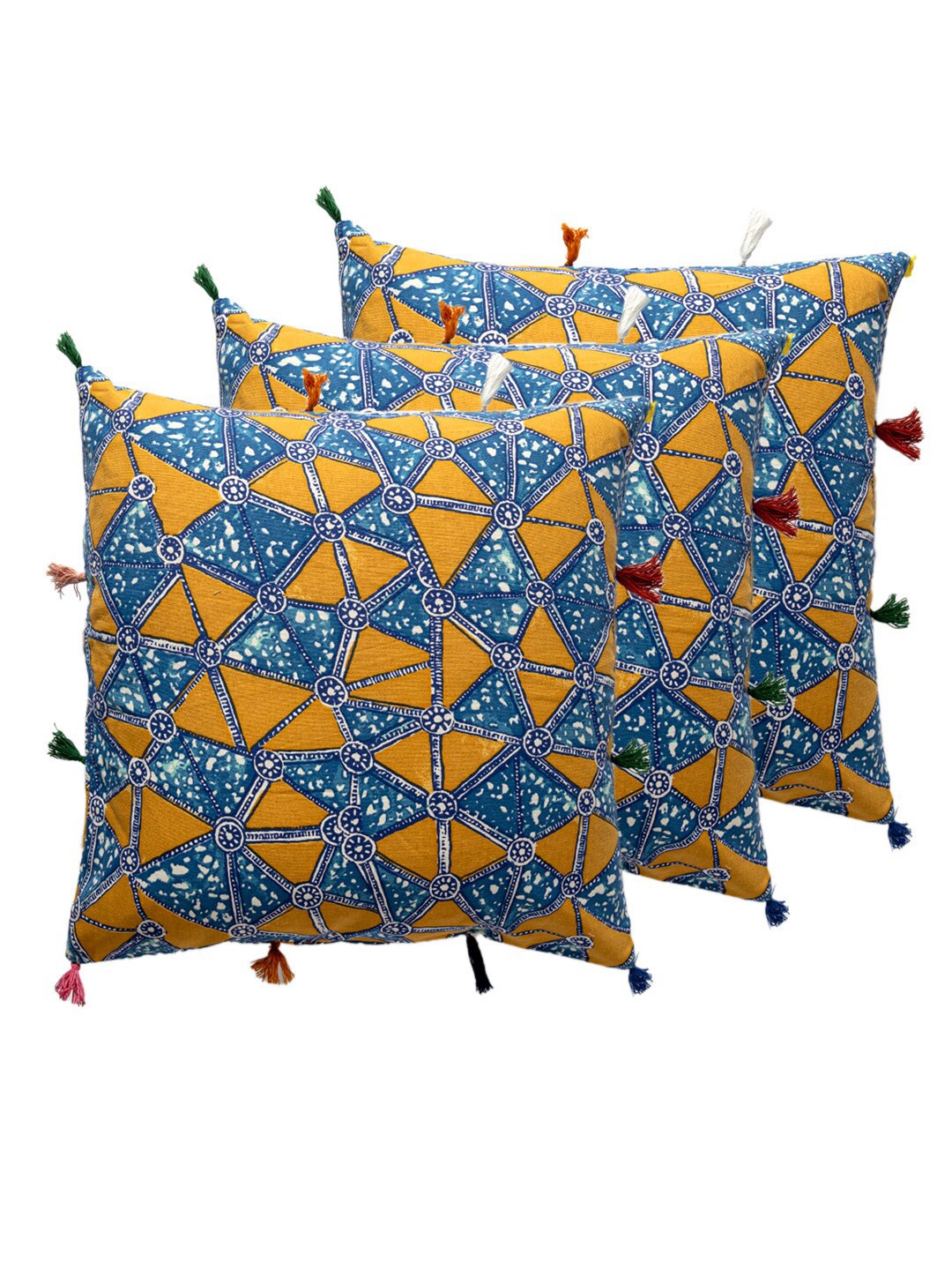

Contrast Living Blue & Mustard 3 Pieces Geometric Square Cotton Cushion Covers