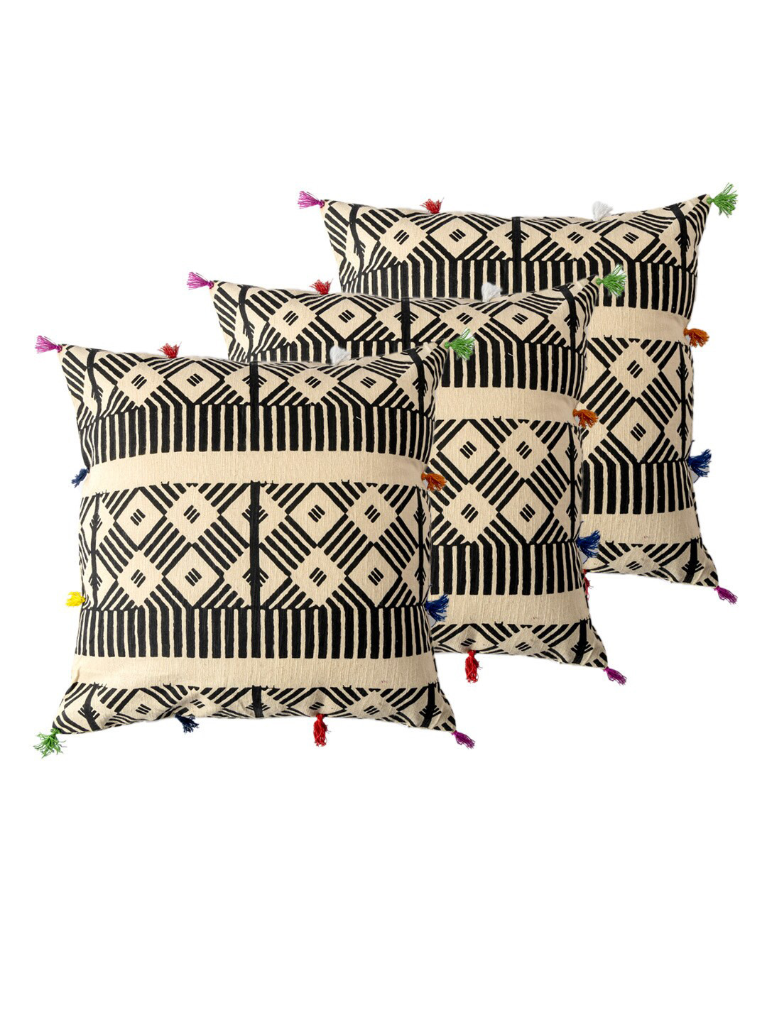 

Contrast Living Black & Cream-Coloured 3 Pieces Ethnic Motifs Square Cotton Cushion Covers