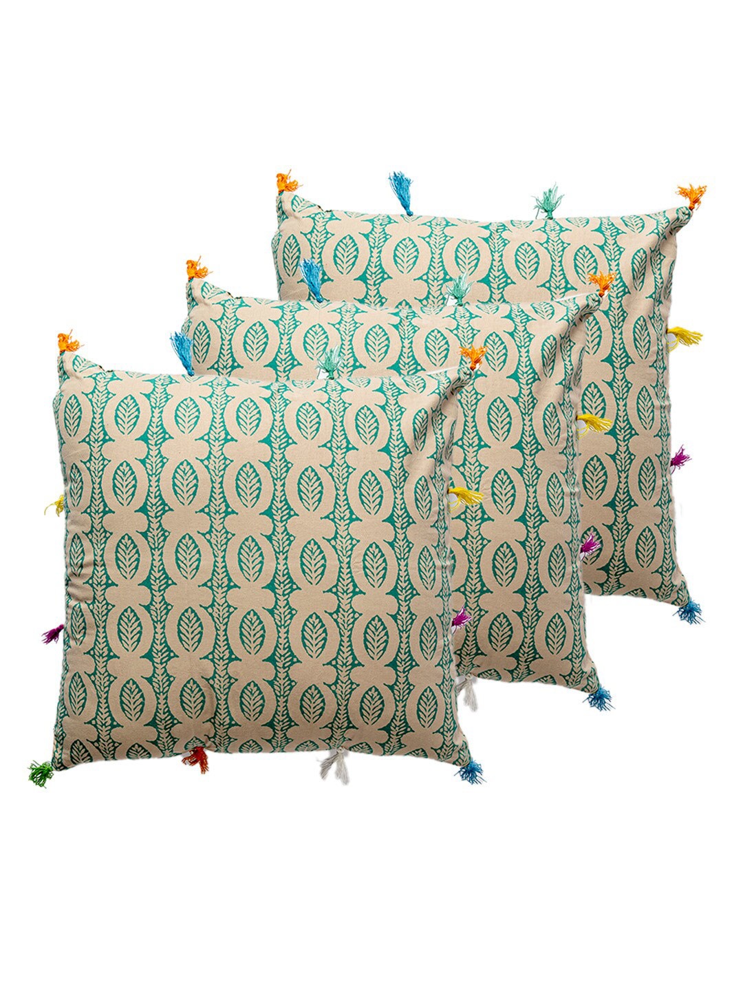

Contrast Living Beige & Green 3 Pieces Floral Square Cotton Cushion Covers